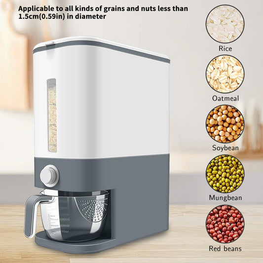 Rice Dispenser, 22-25 Lbs Rice Container with Measuring Cup,Cereal Dispenser Storage with Lids for Home Kitchen Pantry Rice Soybean Corn-Grey